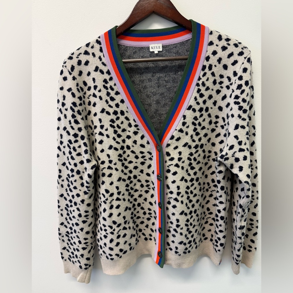 KULE Leopard Print Cardigan - Black and Cream with Multicolor Trim Large